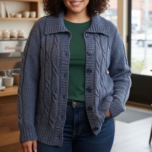 L.L. Bean Women's Heather Blue Cable Knit Cardigan